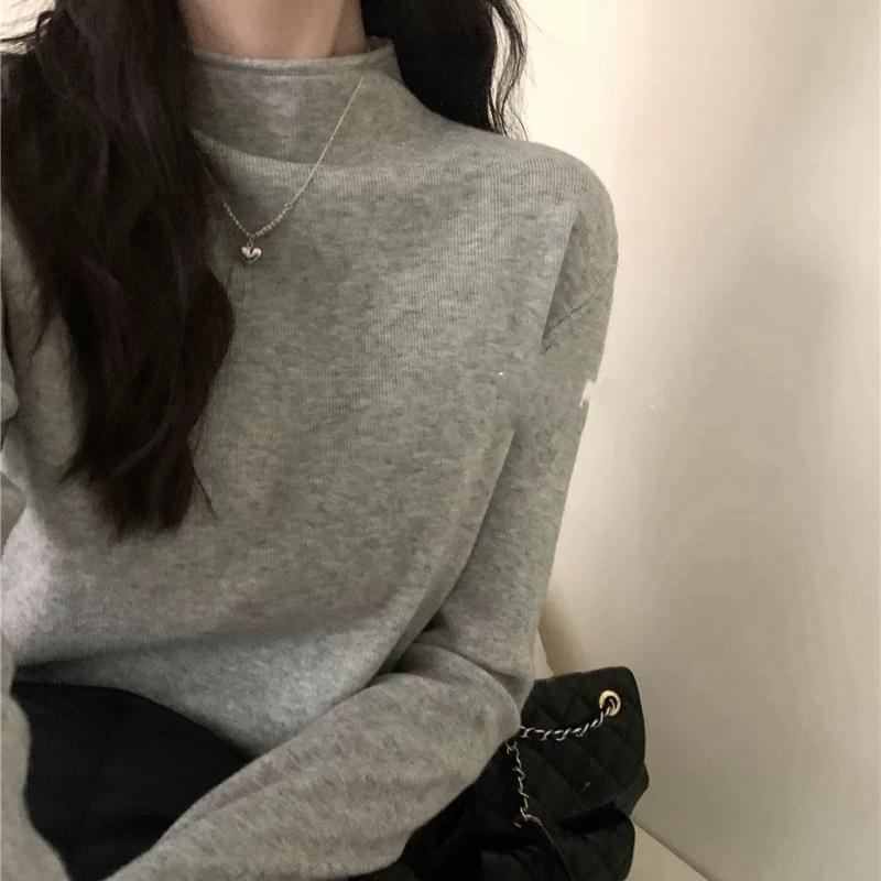 Cream Yellow Stand Collar Knit Sweater Women Spring Korean Versatile Long Sleeve Top Inner Wear Base Layer