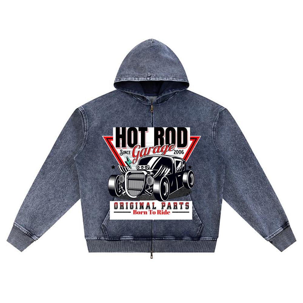 DTG print Knitted Denim Zip-Up Hoodie Rod Garage Classic Car Brother Print Zipper Hoodies