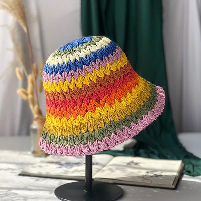Rainbow Color Bucket Hat Women's Summer Thin Sunscreen Sun Hat Handmade Straw Hollow Straw Hat Women's Versatile Tide