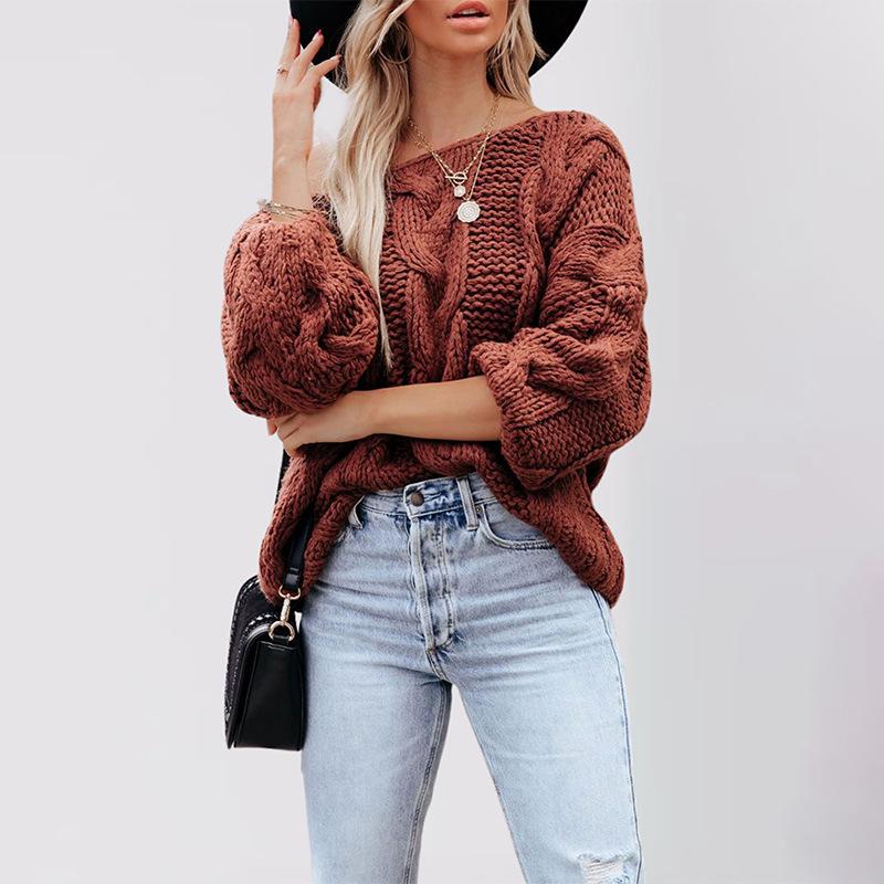 Autumn And Winter Street Wind One-Word Neck Twist Pullover Loose Large Size Sweater Women