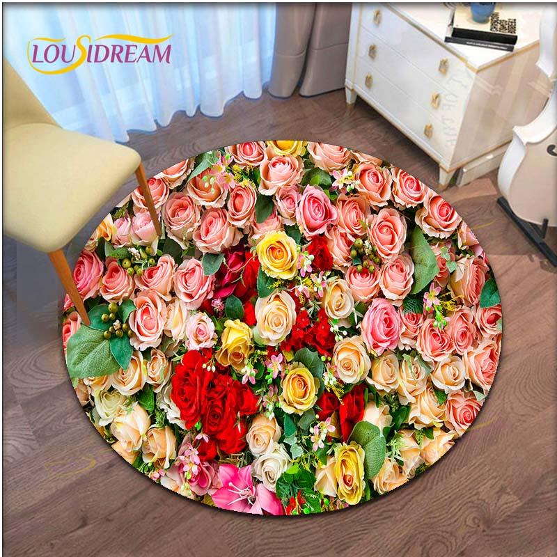 Rose Flower Waterproof and Non-slip Circle Cute Floor Rug Round Area Rugs Living Room Children Chair Tent Play Game Carpets