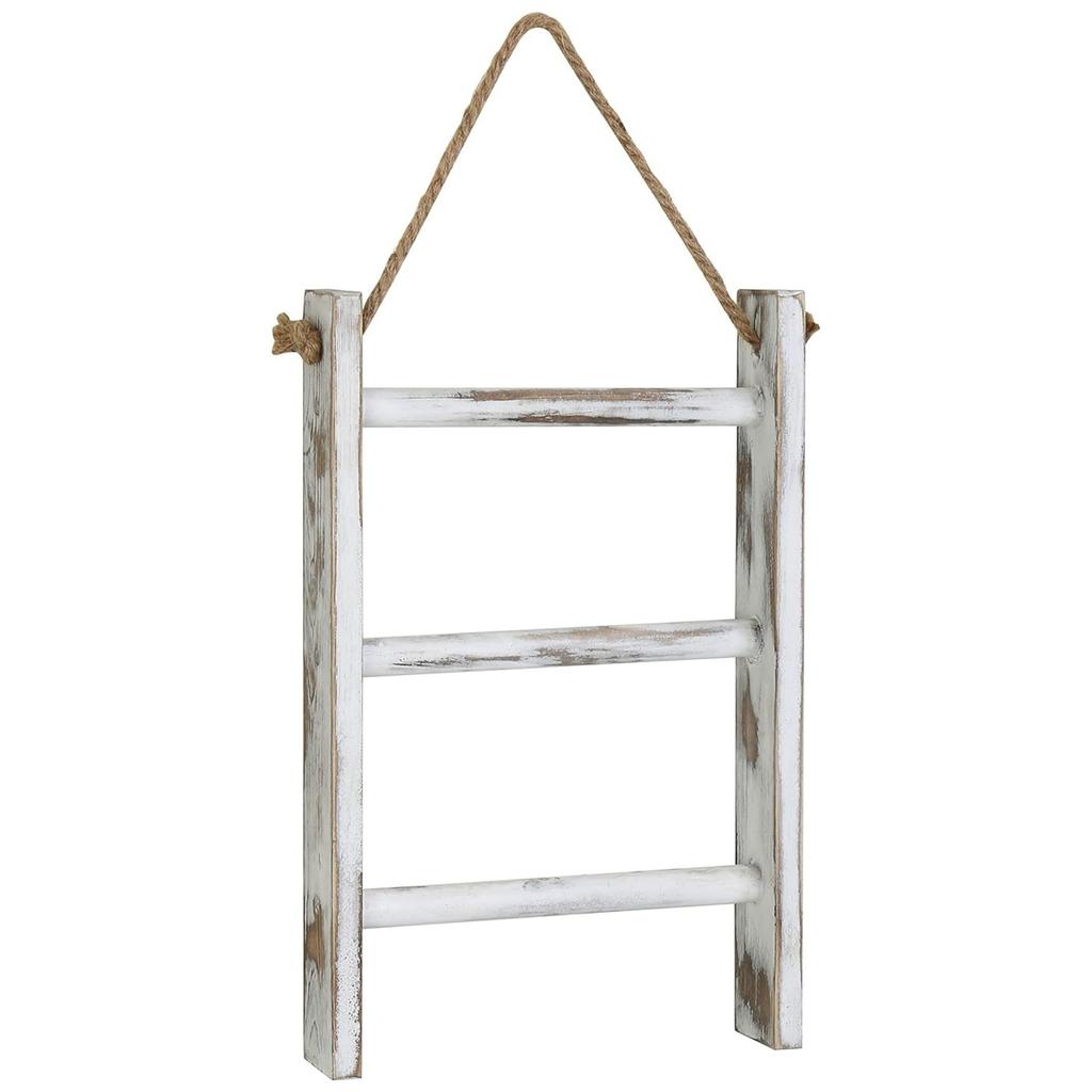 Rustic French Country 3-Tier Wooden Ladder Shelf - Wall-Mounted Towel and Scarf Rack with Natural Jute Rope