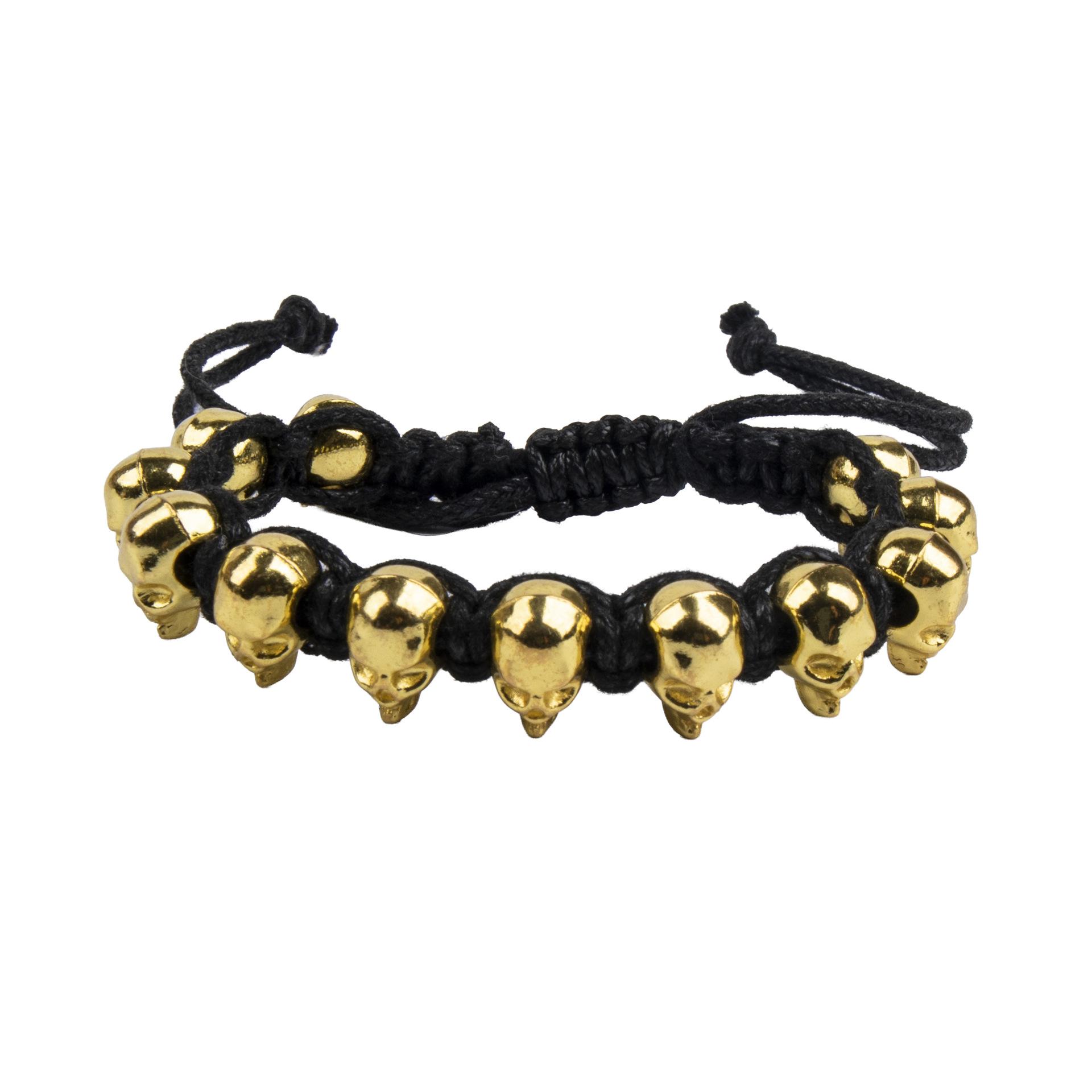 Punk Skull Beaded Bracelet, Adjustable Black Rope Bangle, Men s Gothic Jewelry