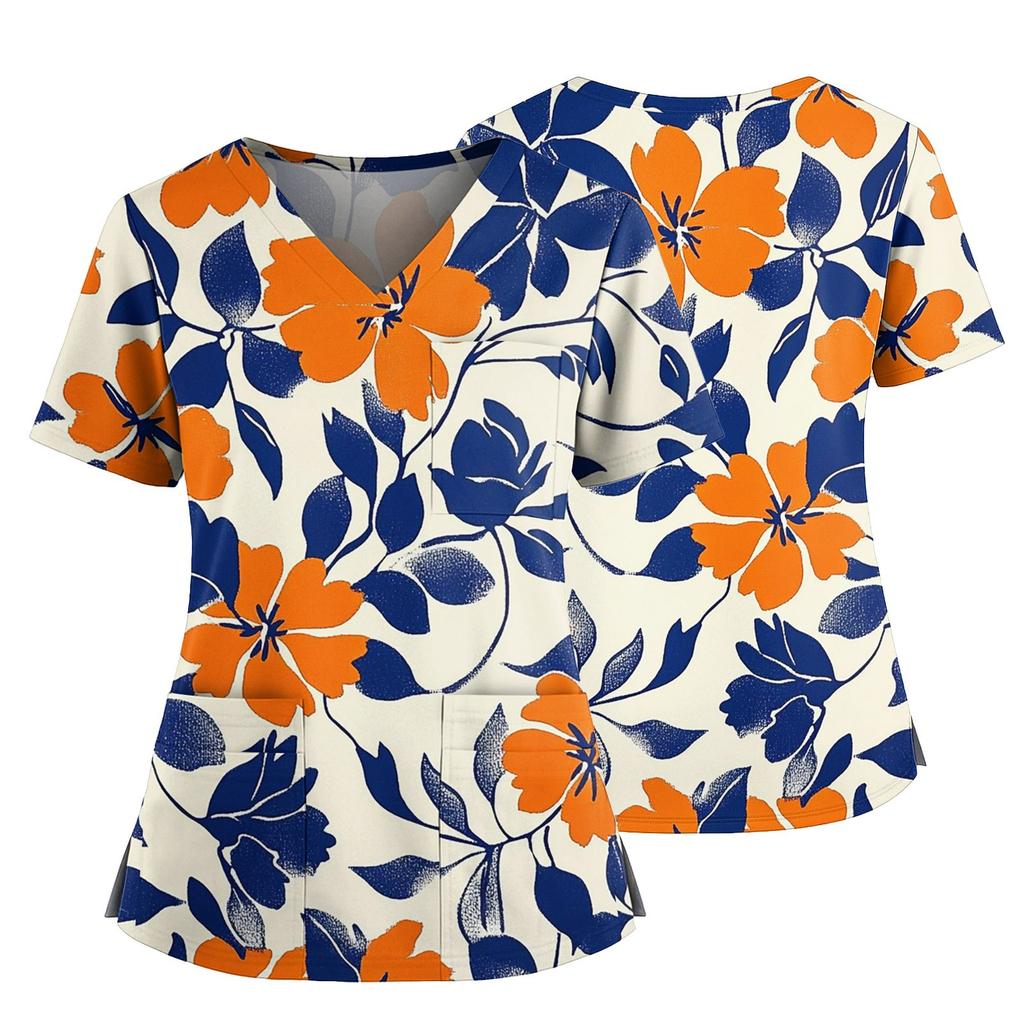 Damen Casual Bedrucktes V-Ausschnitt Taschen Seitennaht Schlitz Kurzarm Top