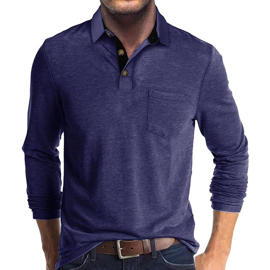 Men's Solid Color Button Lapel Long Sleeve Top Men's Casual Fashion Long Sleeve Top