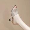 French light luxury banquet rhinestone high heel one-word drag girl 2025 summer new sexy fish mouth thick heel wear cool slippers