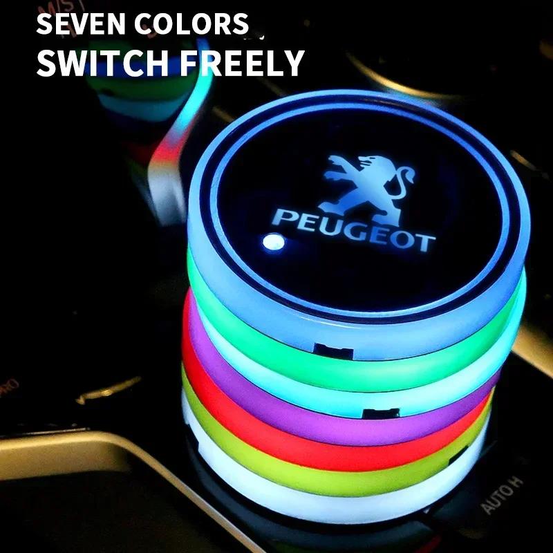 1/2Pcs 7 Color LED Car Cup Holder Light Luminous Coaster Water Cup Pad For Peugeot 308 408 508 RCZ BBA 208 3008 2008 206 207 307