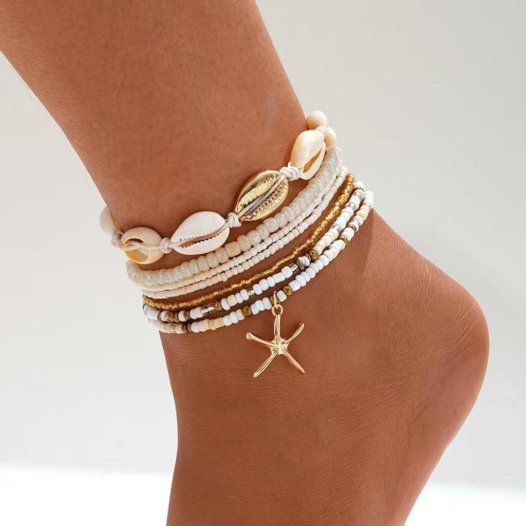 Boho Hviezdica Mušľa Korálkový Anklet - Letné Plážové Šperky