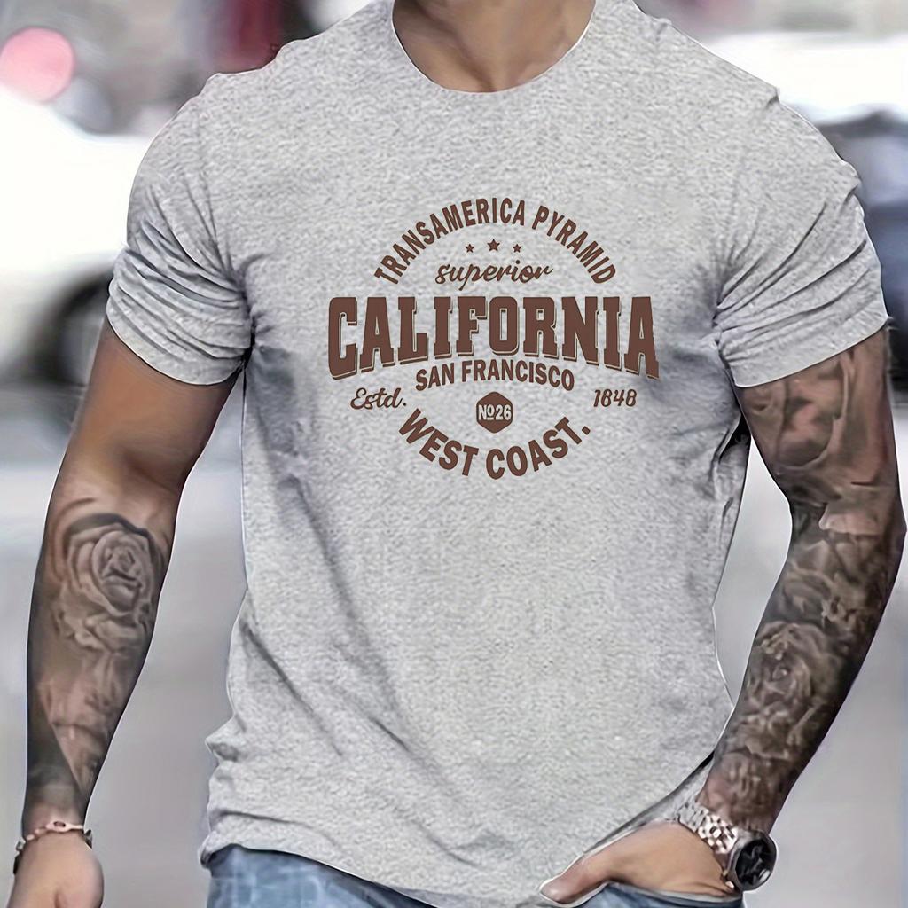 Tricou casual sport, 100% bumbac, pentru bărbați, cu imprimeu de pe coasta de vest a Californiei, cu mânecă scurtă, cu mânecă scurtă
