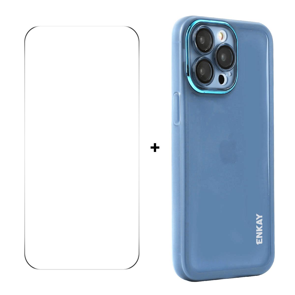 

For iPhone 15 Pro Max Case Matte TPU Phone Cover with Lens Film+9H Glass Protector Blue