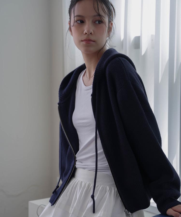 DEHEVE Two-Way Hood Zip-Up Knit [Navy]