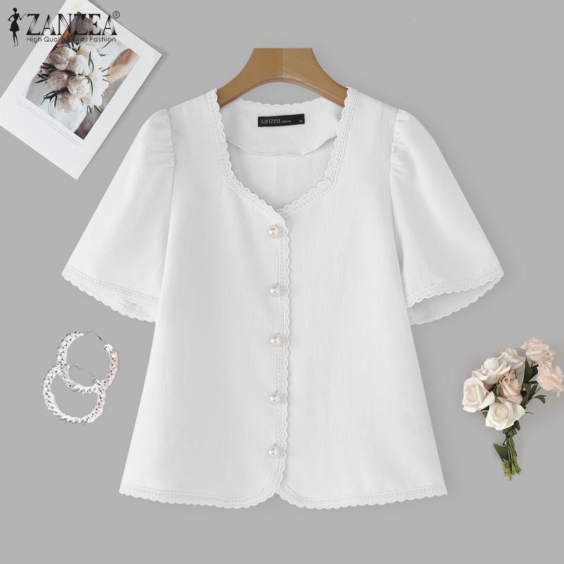 ZANZEA Women Casual Square Neck Summer Short Sleeve Splice Blouse
