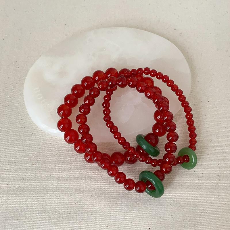 New Chinese Style Red Beaded Green Running Ring Elastic Rope Bracelet Necklace Women'S Light Luxury Fashion Versatile Bracelet Jewelry
