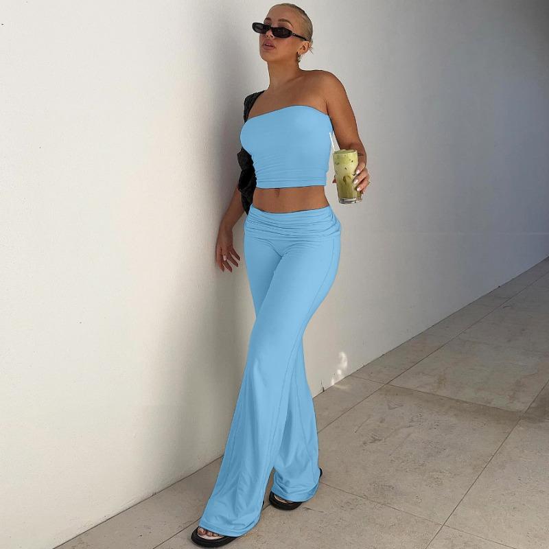 Women Casual Solid Strapless Sleeveless Top Flared Pants Two Piece Set