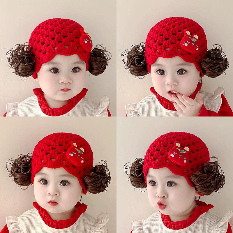 Red Knitted Baby Girl Princess Wig Hat - Festive New Year Wool Hat