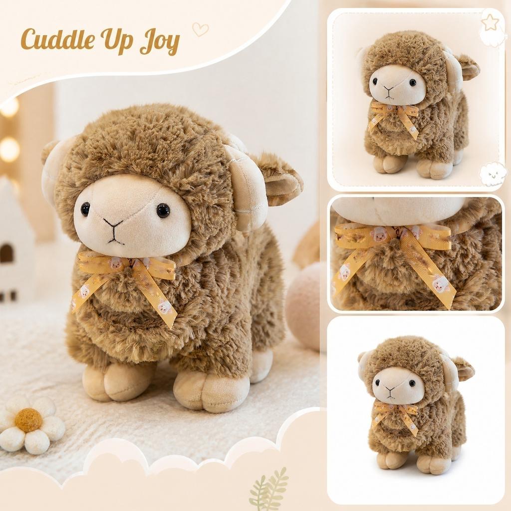 Soft Plush Stuffed Animal Sheep Toy with Ribbon Bow Home Decoration and Playroom Accessory Suitable for Kids and Adults Birthday Gift