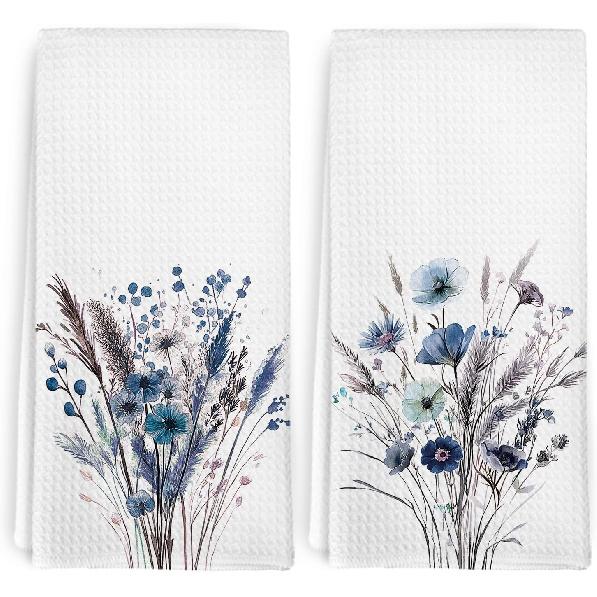 Navy Blue Floral Hand Towels for Bathroom, Farmhouse Wildflower Bathroom Decor, Navy Blue Flowers Kitchen Towels Set of 2, Boho Floral Decorative Blue Floral