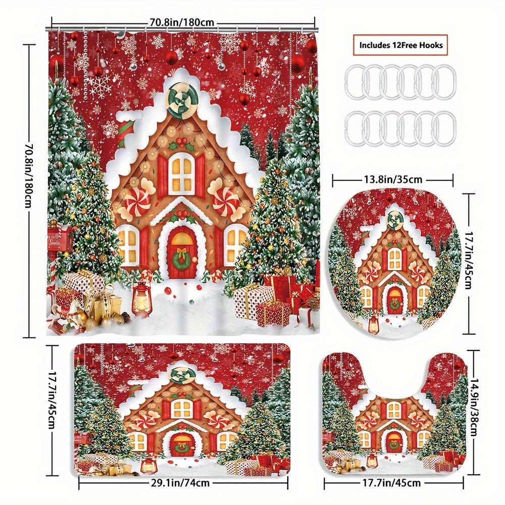 4Pcs Xmas Cottage Bath Set,Printed Shower Curtain,Non-Slip Mat, Toilet Cover,Bath Rug,12 Hooks, Bathroom Accessories, Home Decor