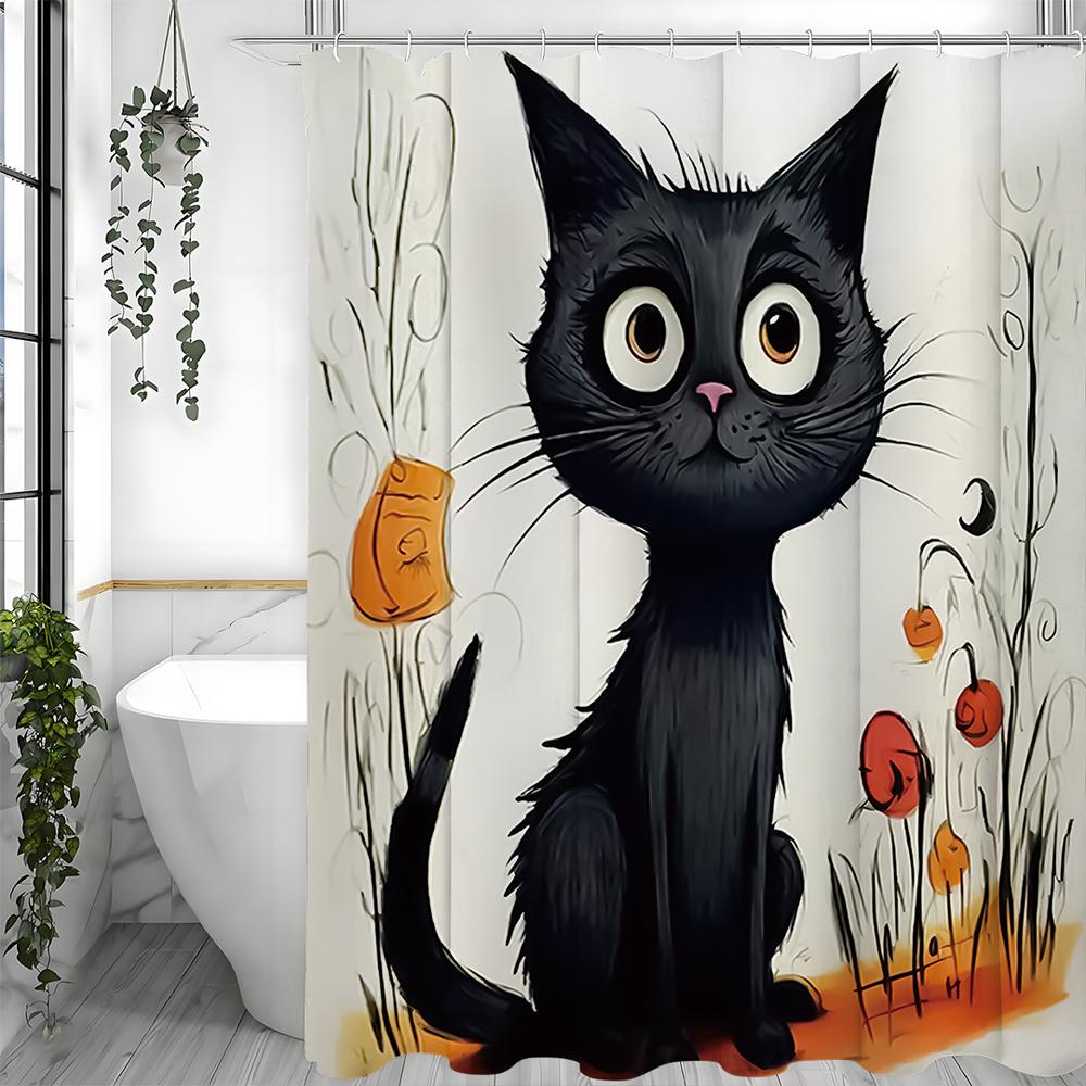 Cute Cartoon Black Cat Shower Curtain, Bathroom Decorative Shower Curtain, Waterproof Shower Curtain with Hooks
