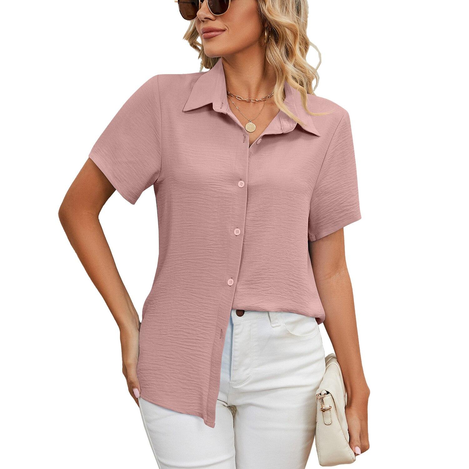 

Casual Loose Blouse Fashion Women 2026 Summer Solid Short-sleeve Button Shirt For Women Office Lady Tops Clothing Female 25138 S розовый