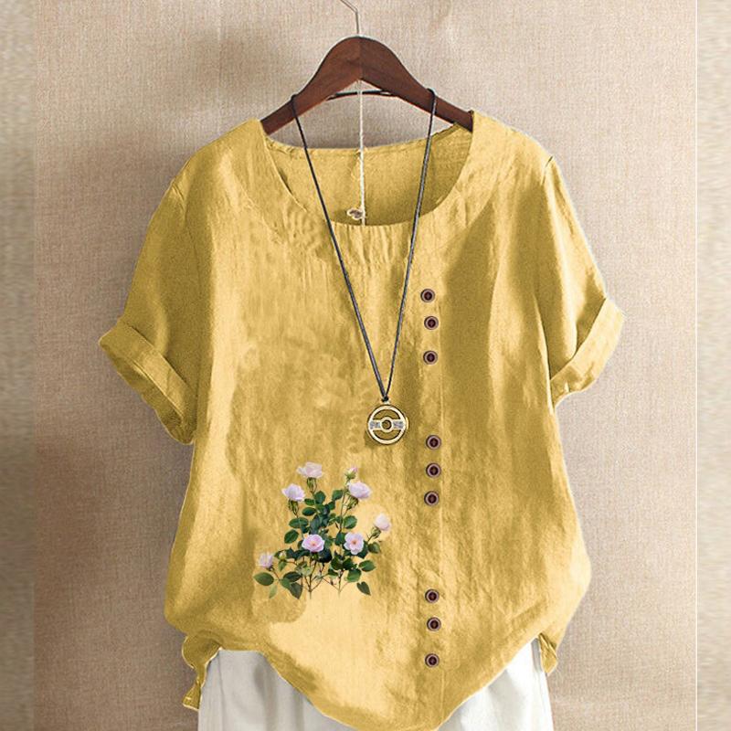 Women's Fashion Flower Prined Round Neck Short Sleeve T-shirt Casual Cotton Linen Graphic Shirt Leisure Loose Summer Blouse Tops