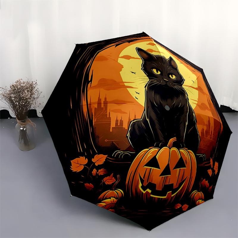 1pc Cat On a Pumpkin Halloween Automatic Opening and Closing Cartoon Practical Umbrella - Small Umbrella Suitable for Various Occasions A019