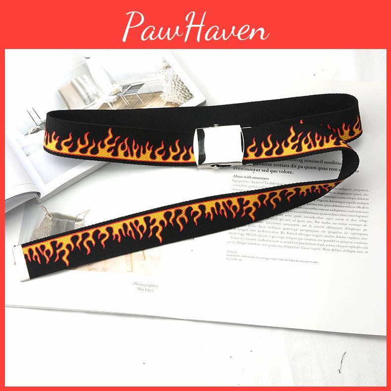 Fashionable Flame Pattern Metal Buckle Decoration Woven Canvas Belt For Men And Women Casual Style