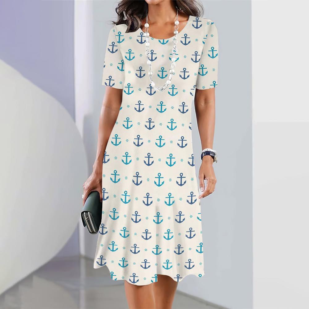 New Women's Dresses Anchor 3D Print Female Elegant Dresses Summer Short Sleeve Dress Fashion Oversized Clothing