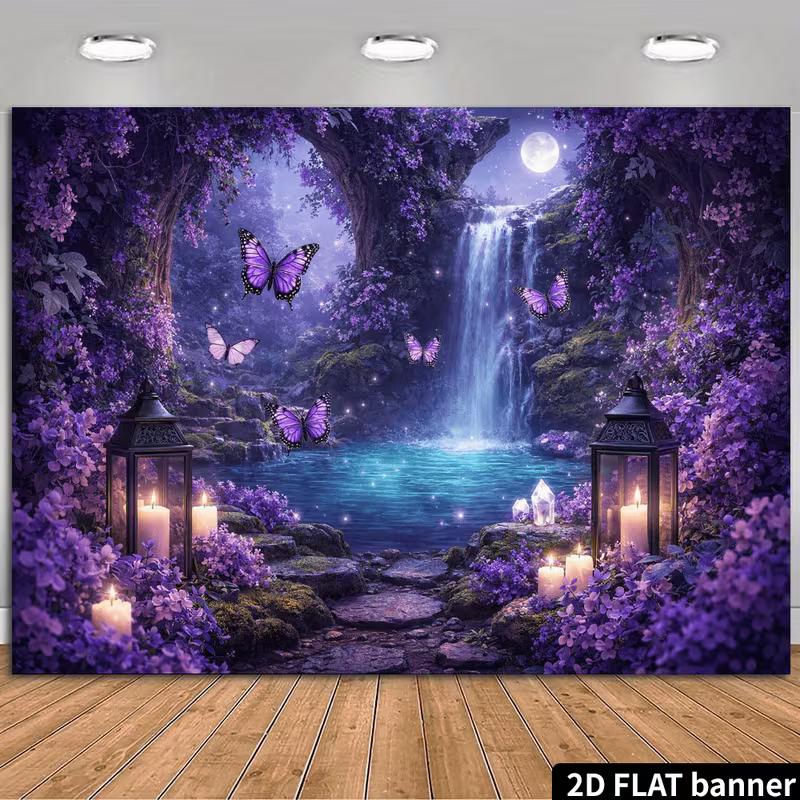 2D Purple Enchanted Forest Waterfall Backdrop Moonlight Photography Banner 47.2x31.5inch/120*80cm