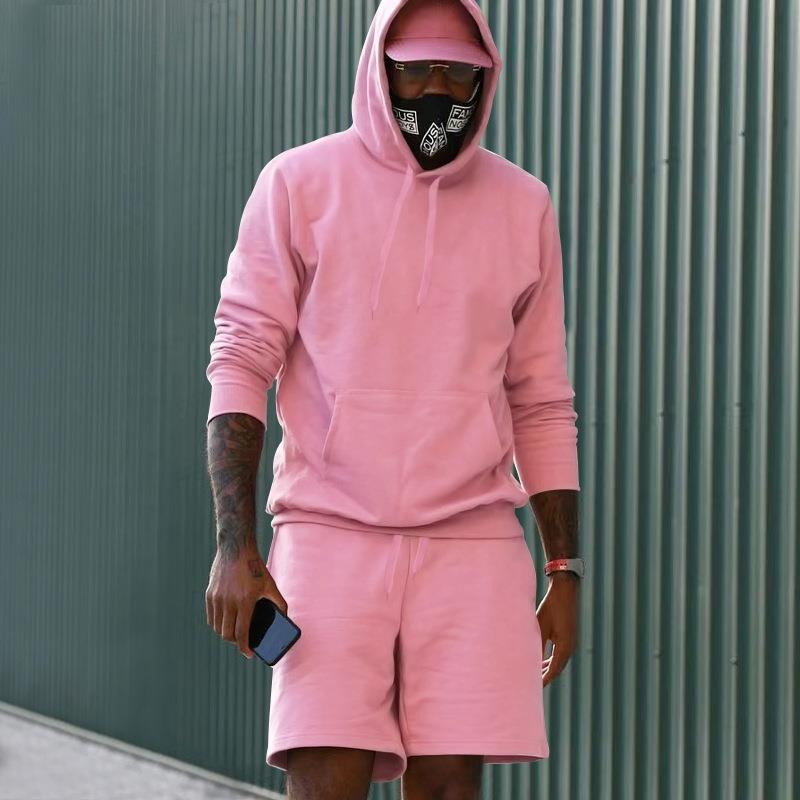 Men's Fleece Hoodie Shorts Two-piece Loose Solid Color Casual Sports Men's Suit