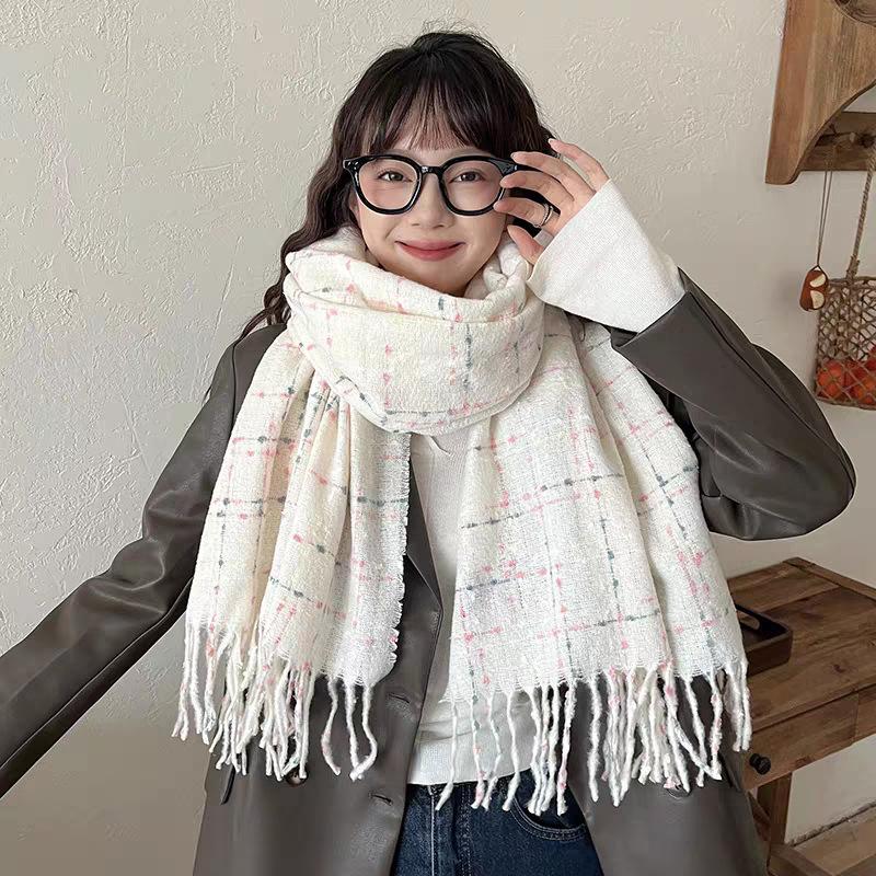 

New autumn and winter scarf imitation cashmere dot grid fringed shawl female thickened student couple warm scarf 180cm*65cm 250g