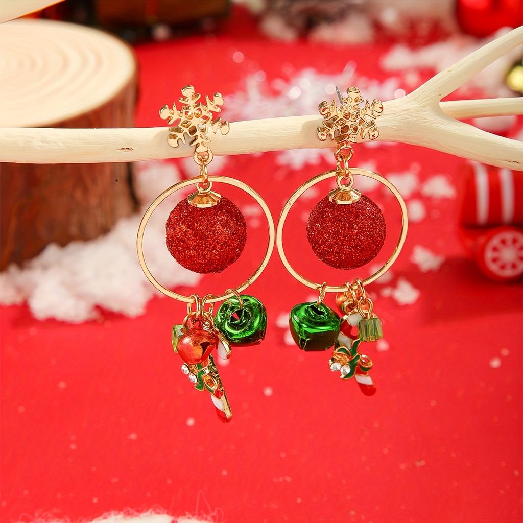 Charming Christmas Bell & Candy Cane Dangle Earrings - Sparkling Rhinestone, Zinc Alloy - Perfect Holiday Gift for Her