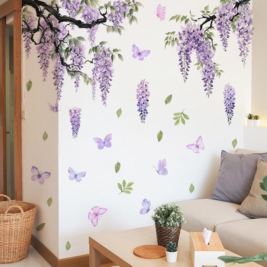 2Pc Wisteria Flower Butterfly Wall Decals For Girls Bedroom Living Room Decor Removable Vinyl Stickers Art Mural Home Decoration