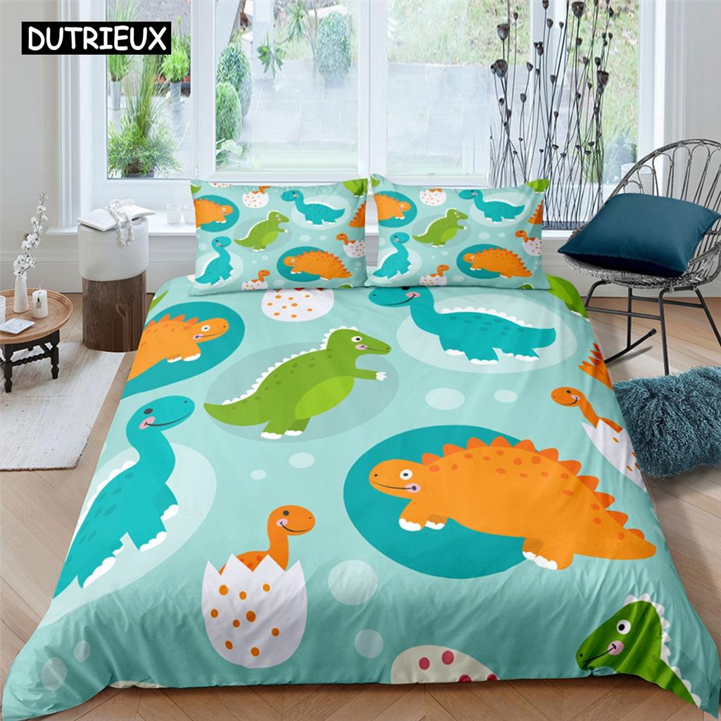 Cute Cartoon Dinosaur Print Polyester Bedding Sets Child Kids Covers Boys Bed Linen Set For Teens King Size Bedding Set