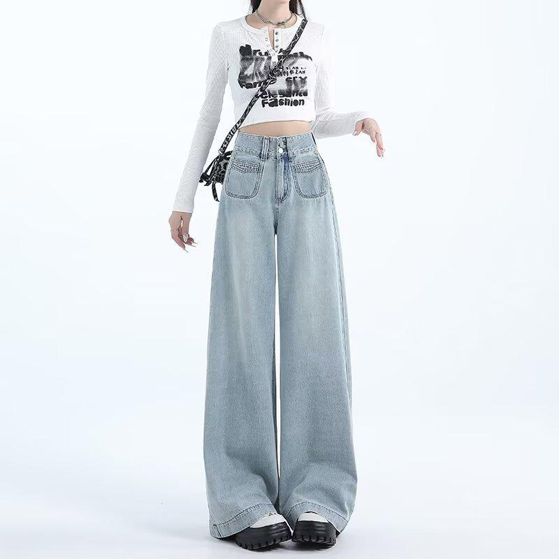 

Women s High-Waisted Wide-Leg Double-Breasted Jeans - Retro Versatile Drape Mopping Pants for Spring & Autumn 2026 3XL: Height 155-165CM (150-165 lbs)