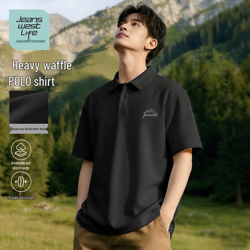 JEANSWEST LIFE Men's Waffle Knit Polo Shirt with Graphic