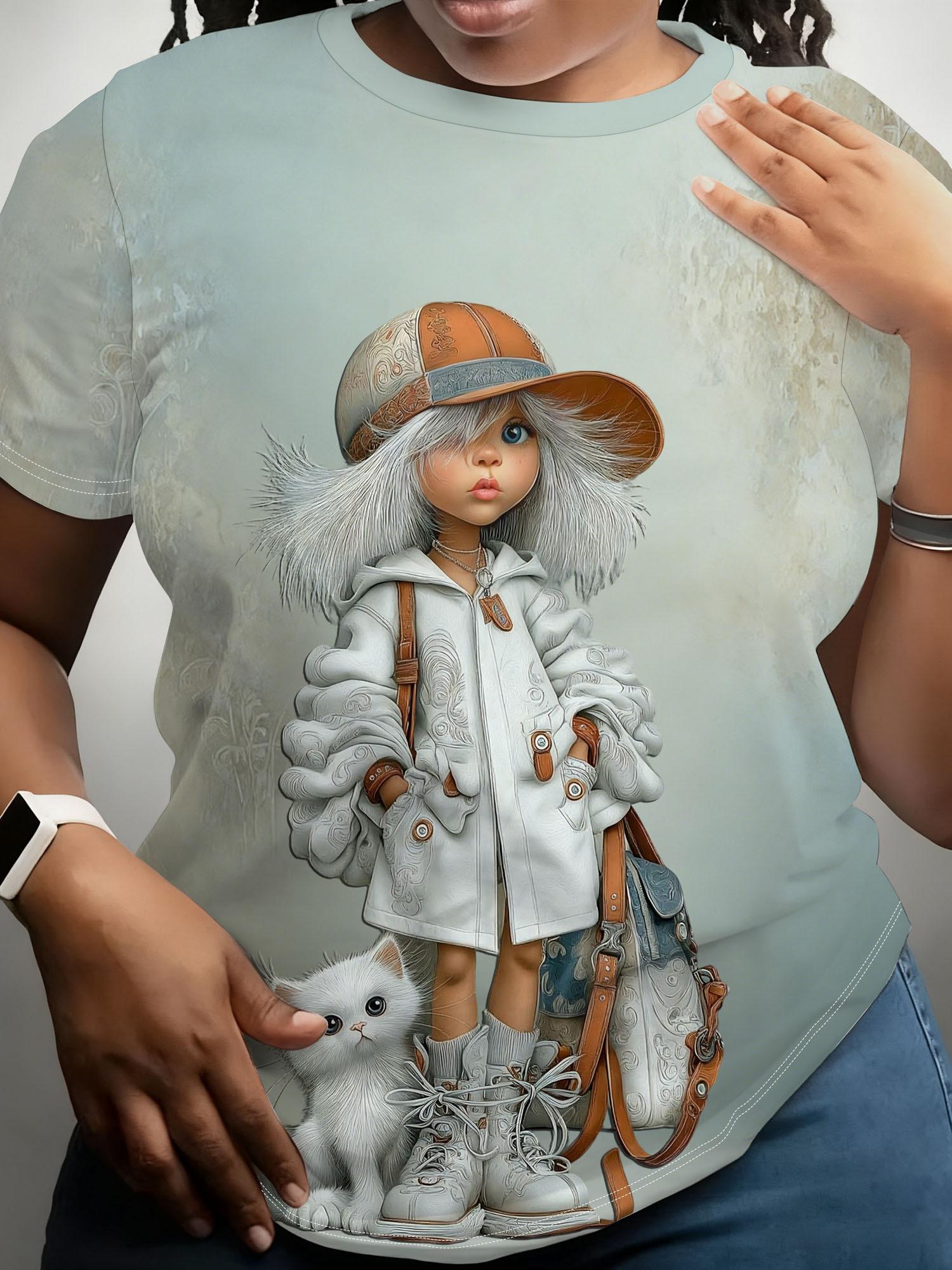 

Women s T-Shirt with Doll ; Kitten Print - Soft Round-Neck Blouse Top. Machine Washable Suitable for Daily Wear. Casual Summer Outfits. Comfortable St L дубильна кора
