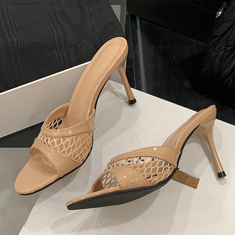 Heeled Footwear Female Slides Women Slippers Fashion Wine red Breathable Mesh Round Toe Thin Heels Sandals Pumps Shoes