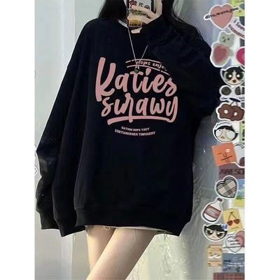 Ladies Letter Print Plush Loose Hooded Sweatshirt for Women Autumn and Winter Long Sleeved Pullover Hoodies Top for Couple