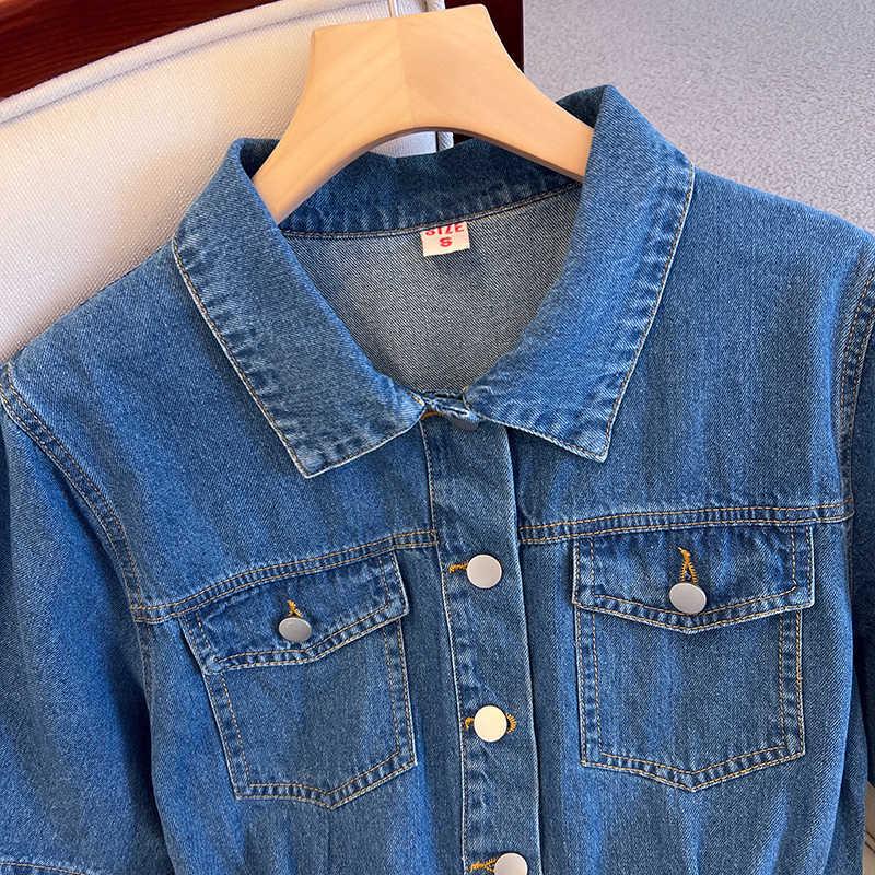 Retro Design Džínové A-liniové Letní Šaty s Krytím Bříška a Zeštíhlením Pasu, Krátký Rukáv