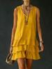 Women Sleeveless V Neck Tiered Ruffle Mini Dress Solid Color Casual Loose Fit Summer Dress