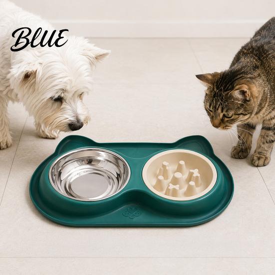 Dual Pet Feeding Station Double Bowls Feeder Slow Feeder Bowl And Stainless Steel