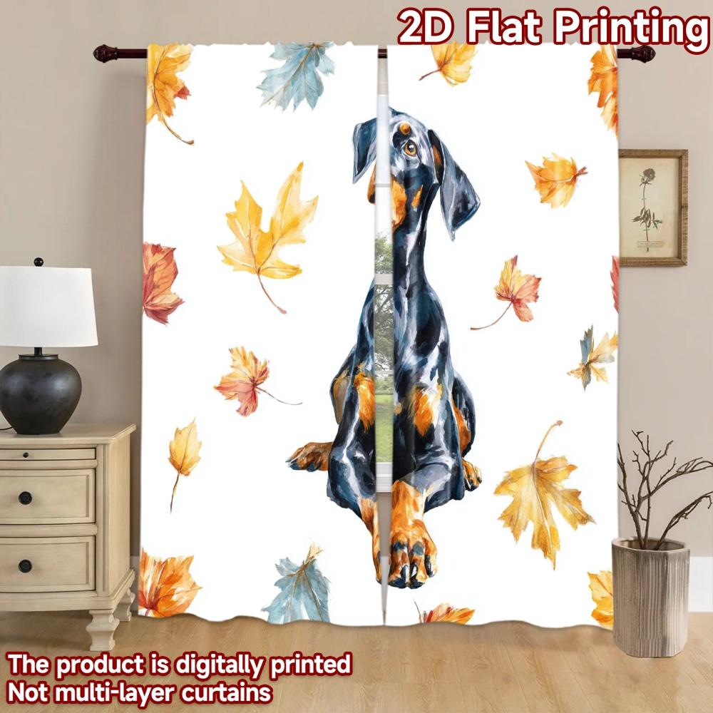 2D flat printing 2pcs Window Treatment Curtains Doberman Autumn Leaves Watercolor Digital Printed Polyester Drapes Festive Wall