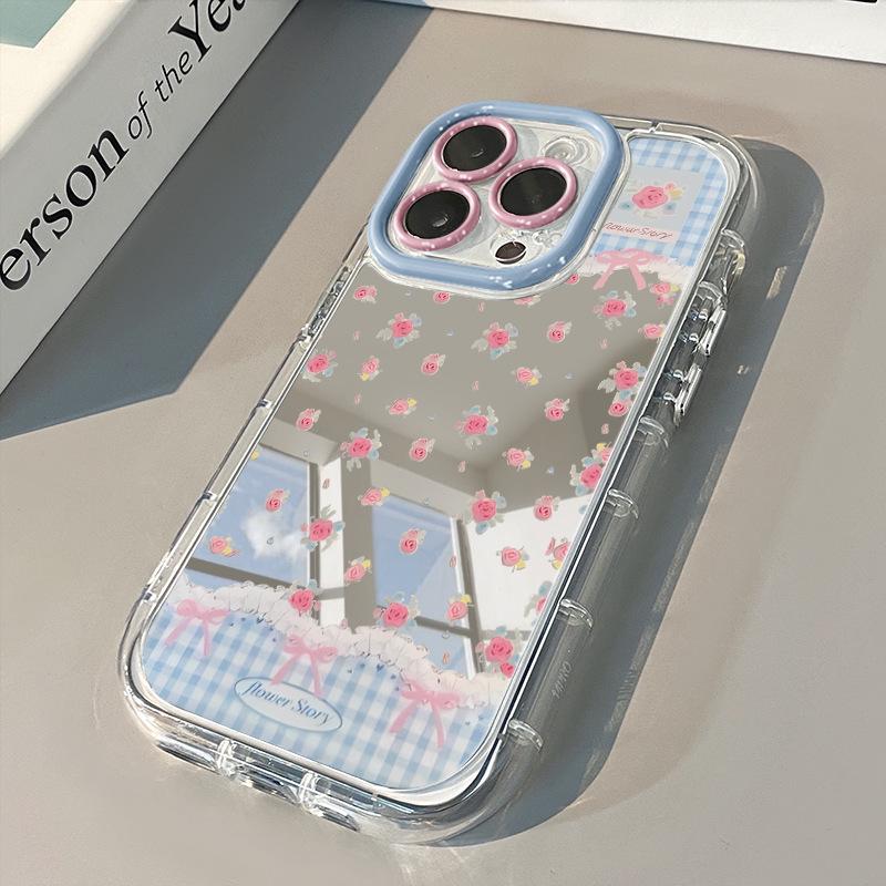 Plaid Floral Mirror Cream Case for iPhone 17 Pro Max/16/15/14