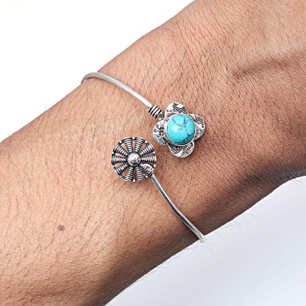 Tibetan Turquoise Gemstone Silver Jewelry Cuff Bracelets 7''Adjustable