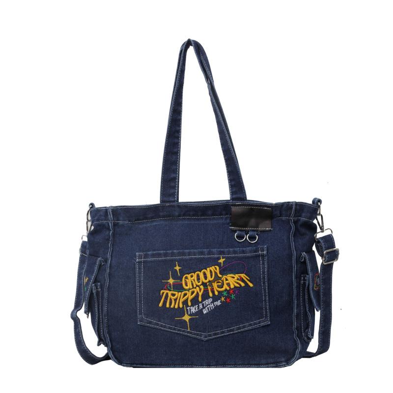 Lazy Wind Large-Capacity Denim Bag, Student Class Leisure Commuting Tote Bag, Fashionable Versatile Messenger Bag