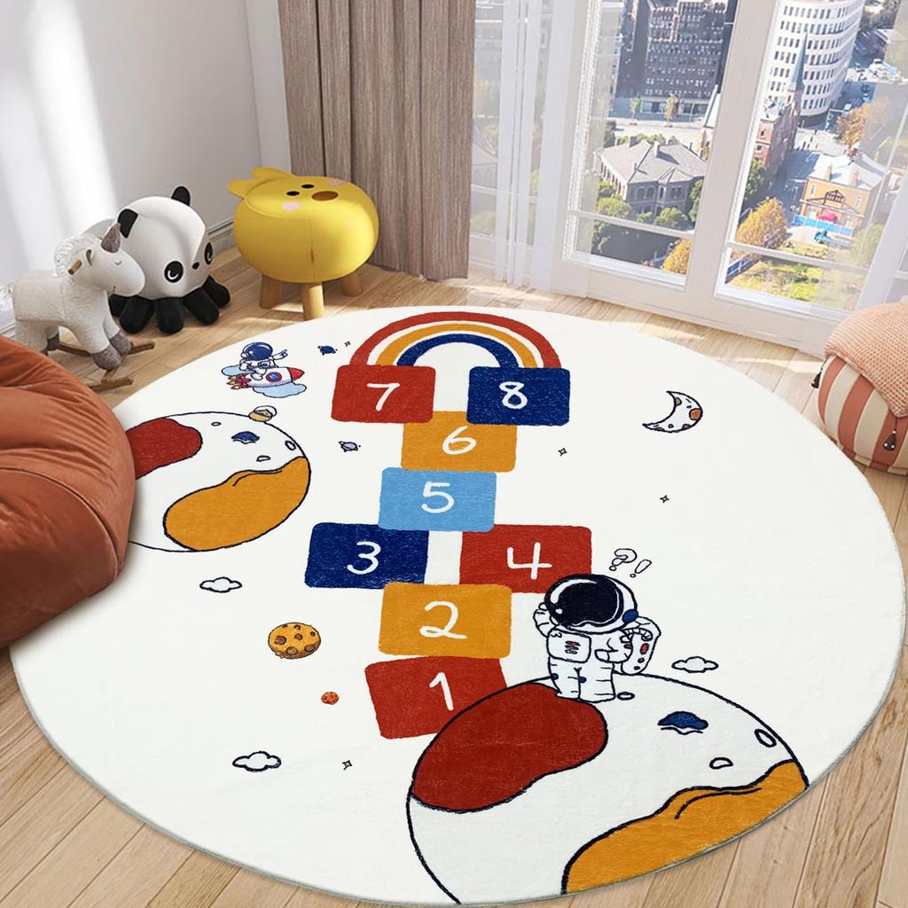 Cartoon Astronaut Round Carpet Universe Outer Space Planet Print Area Rug Anti-Slip Kid Bedroom Nursery Playroom Crawl Floor Mat