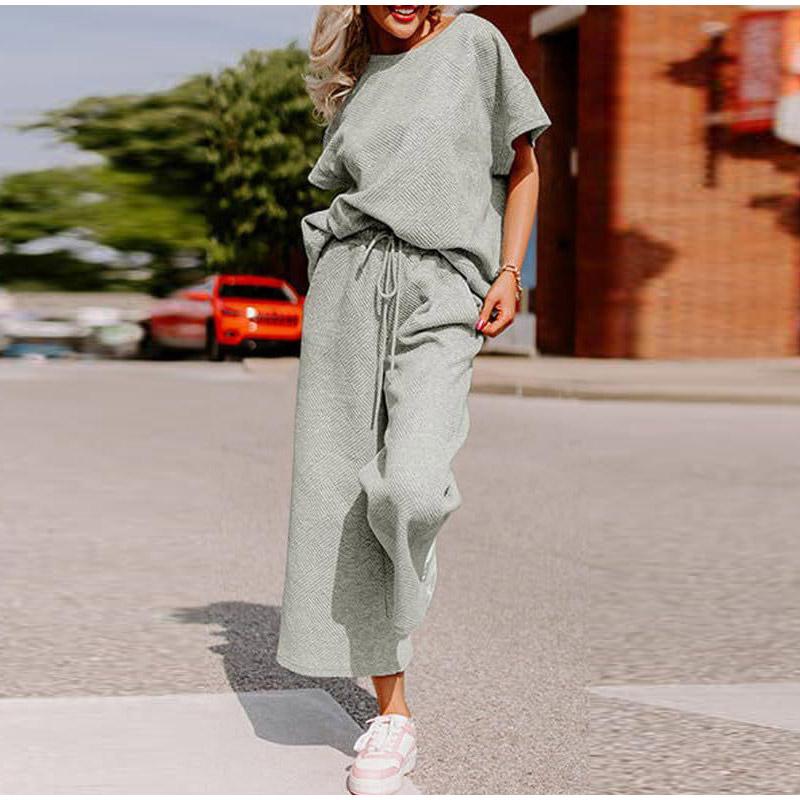 Sets for Women Summer Lounge Sets O-Neck Tops Wide Leg Crop Pants Vacation Travel Outfits