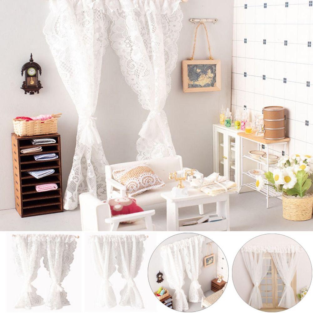 1/12 Dollhouse Sweet Floral Curtains Model 3 Styles Lace Mesh Simulation Floral Curtains White Dolls House Living Scene Decor