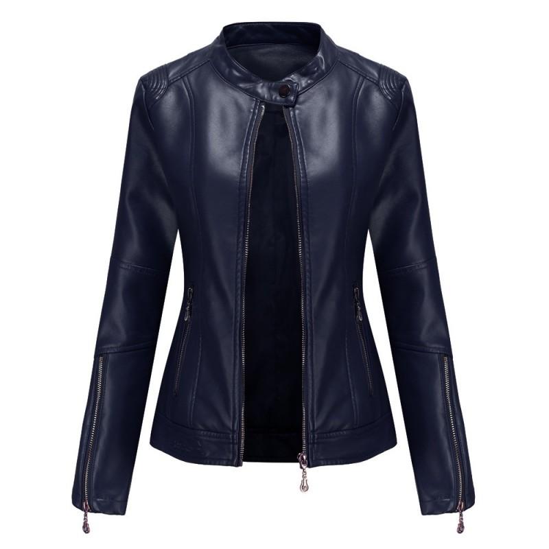 Womens PU Leather Short Jacket Stand Collar Slim Fit Casual Outerwear In Navy Blue